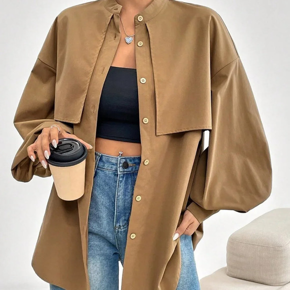 Casual Women's Lantern long Sleeve button down Blouse Tan - Picture 3 of 6